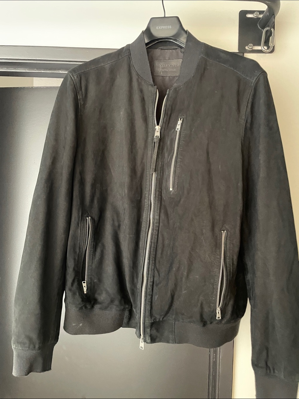 AllSaints Stoner Bomber - black suede jacket, XL